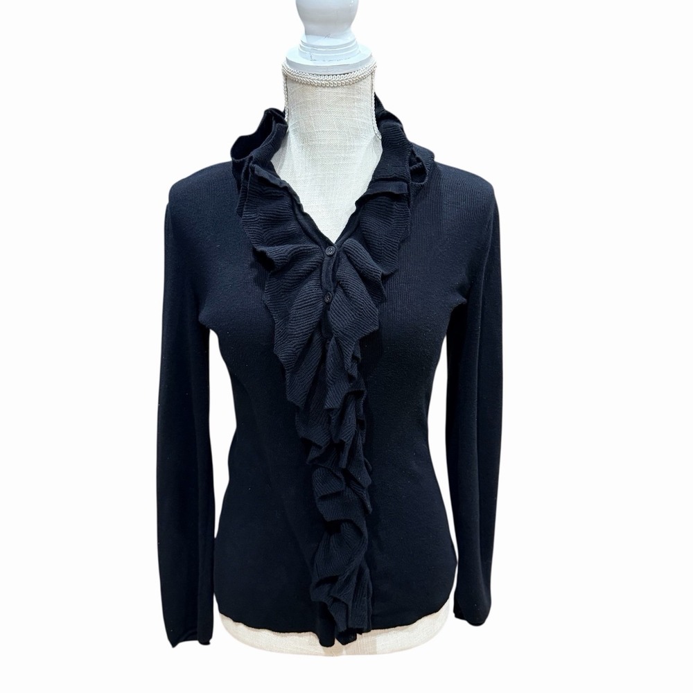 Nic + Zoe Women's Black Ruffle Front Cardigan‎ Button Front Sweater Size M